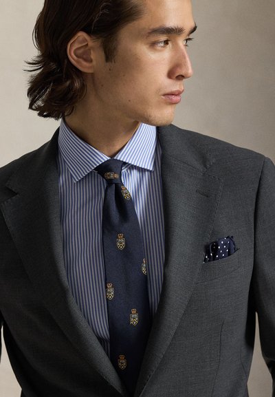 Γκρι σακάκι με πέτο notch, μπλε και άσπρο ριγέ πουκάμισο και σκουρόχρωμη γραβάτα με μοτίβα θυρεών. Μπλε τσέπης μαντηλάκι με λευκές πουά τελείες.