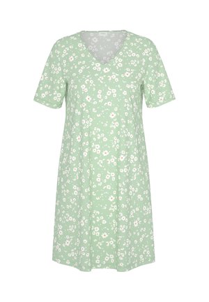 Grøn kjole med blomsterprint, V-udskæring, korte ærmer og løs pasform. Fremstillet af blødt stof med små hvide og orange tusindfryd.