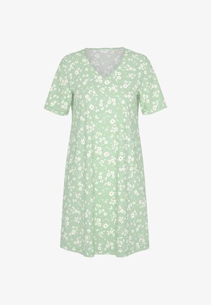 Robe verte à motif floral avec un décolleté en V, des manches courtes et une coupe ample. Fabriquée en tissu doux, ornée de petites marguerites blanches et orange.