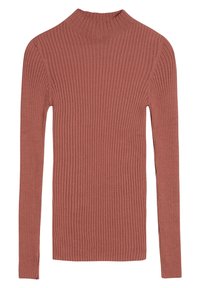 Ribben, langermet genser med høy hals i en myk rustfarge, med en tettsittende design og elastisk, strukturert stoff. Ingen synlig merkevare.