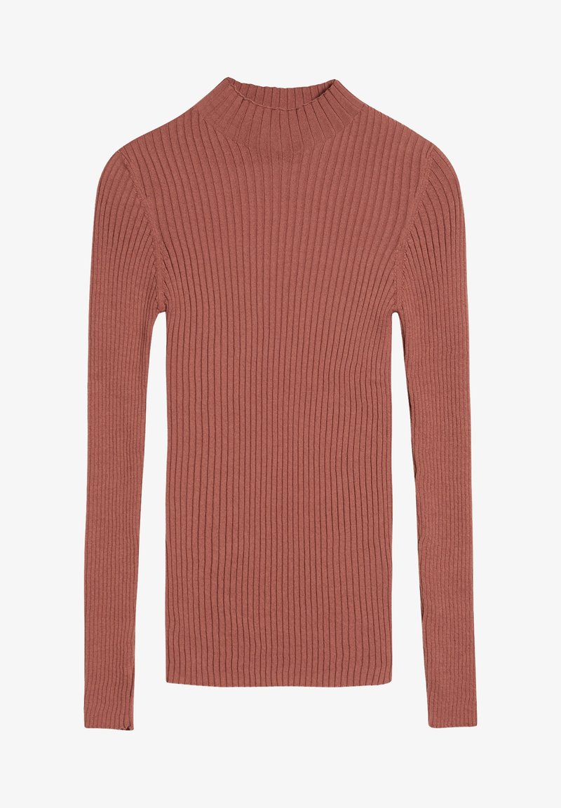 Ribben, langermet genser med høy hals i en myk rustfarge, med en tettsittende design og elastisk, strukturert stoff. Ingen synlig merkevare.