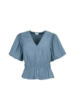 Haut peplum bleu en tissu léger, présentant un col en V, des manches courtes bouffantes et une taille élastique pour une silhouette ajustée.
