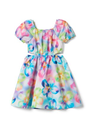 Meisjesjurk met korte pofmouwen en een elastische taille, met een kleurrijk aquarel bloemenpatroon op een witte achtergrond.