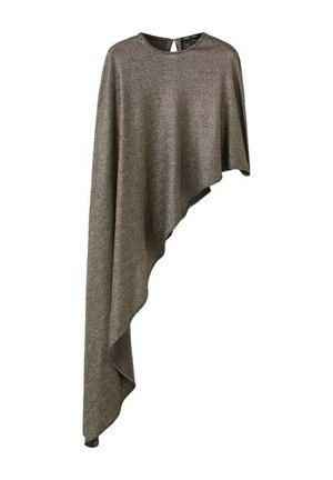 Poncho métallique gris asymétrique avec une manche et une fermeture à bouton en forme de trou à la nuque arrière.