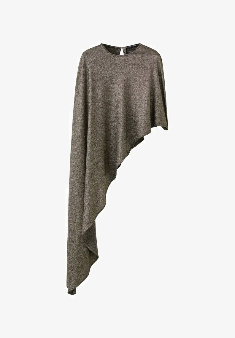 Asymmetrische metallic grijze poncho met één mouw en een keyhole-knopsluiting aan de achterkant van de halslijn.