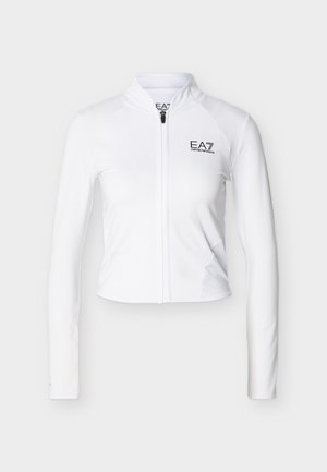 Chaqueta blanca de manga larga con cremallera y cuello alto, con el logo EA7 Emporio Armani en el pecho izquierdo.