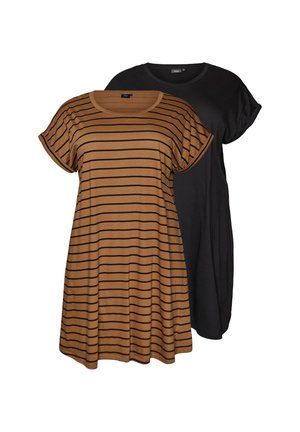 Dwie sukienki z krótkim rękawem; jedna brązowa z czarnymi poziomymi paskami, druga czarna gładka, obie luźne z okrągłymi dekoltami.