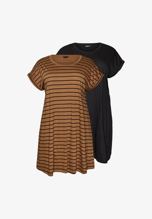 Kaks lühikeste varrukatega kleiti; üks pruun mustade horisontaalsete triipudega, teine musta värvi, mõlemad lahtise istuvusega ja ümmarguste kaelustega.