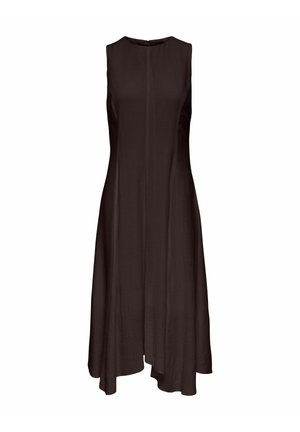 Mouwloze donkerbruine midi-jurk met ronde halslijn en asymmetrische zoom, ontworpen voor een losse en vloeiende pasvorm.