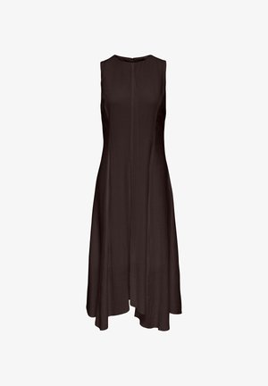 Robe midi sans manches marron foncé avec encolure ronde et ourlet asymétrique, conçue pour une coupe ample et fluide.