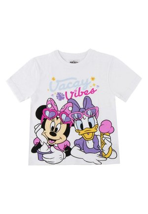 White kids’ t-shirt with cartoon characters Minnie Mouse and Daisy Duck wearing pink sunglasses, holding ice cream, with "Vacay Vibes" text.