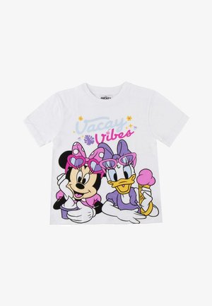 Weißes Kinder-T-Shirt mit den Cartoon-Figuren Minnie Mouse und Daisy Duck, die rosa Sonnenbrillen tragen und Eis halten, mit dem Text "Vacay Vibes".