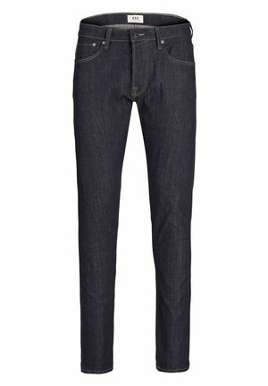Mörkblå denimjeans med slim fit, femficksdesign, kontrasterande sömmar och dragkedja. Tyget har en slät textur.