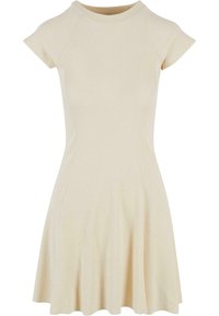 Knit dress in light beige, featuring a fitted bodice with short cap sleeves and a flared skirt, showcasing a smooth texture and subtle ribbing.
