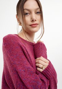 Maglione lavorato a maglia di un vibrante colore rosa con sottili dettagli blu, caratterizzato da un collo rotondo e polsini a coste. Il modello tiene la manica del maglione.
