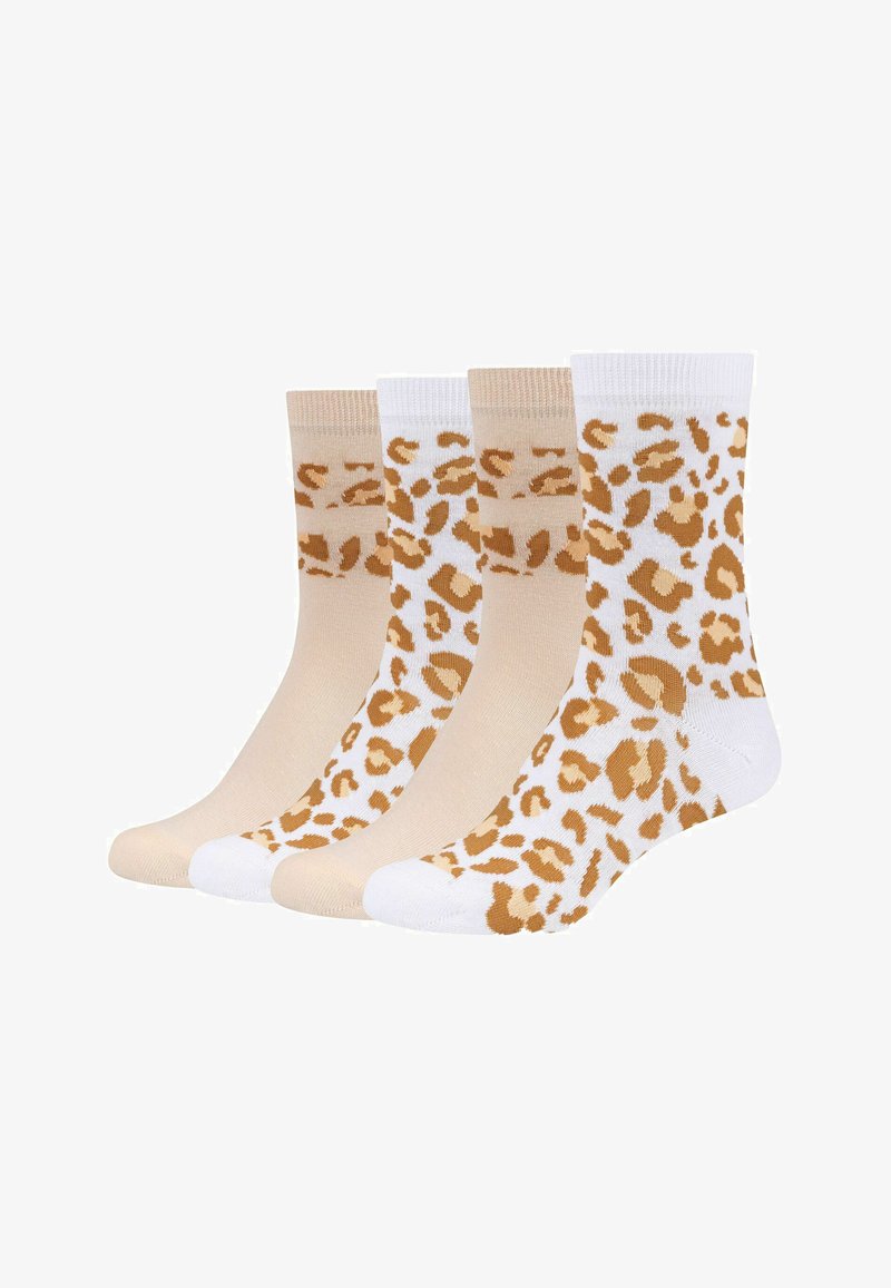 Quatre paires de chaussettes mi-mollet avec imprimé léopard marron et beige, alternant entre des couleurs de fond beige et blanc.