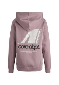 Sweat à capuche violet clair avec un grand design graphique blanc et le texte "core dept." au dos. Présente une capuche avec cordons et des poignets côtelés.
