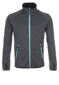 Veste zippée gris foncé avec col montant, fermeture éclair bleu clair et détails sur les poches, avec des trous pour les pouces aux manches.