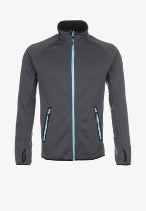Man die een donkergrijze jas met ritssluiting draagt over een blauw T-shirt, zwarte broek en zwarte wandelschoenen, staand tegen een effen achtergrond.