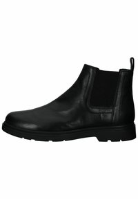 Stivale Chelsea in pelle nera con finitura liscia, pannelli laterali elasticizzati, linguetta sul tallone e suola piatta in gomma.