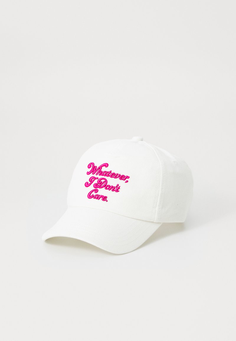 White cotton baseball cap with a curved brim. Features pink embroidered text reading "Whatever. I Don't Care." on the front.