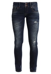 Mörkblå denim skinny jeans med lätt slitningar, med knappstängning och klassisk femficksdesign. Mjuk textur.