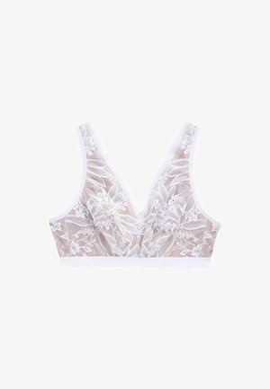 Lace bralette with V-neck design, featuring floral patterns and a sheer overlay. White color with soft elastic band at the bottom.
