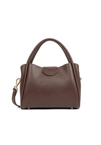 Borsa in pelle marrone con parte superiore arrotondata, due manici e tracolla removibile. L'hardware dorato aggiunge un tocco elegante.