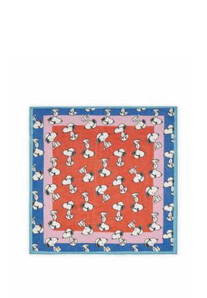 Square scarf with red center, pink and blue borders, covered in repeated white Snoopy dog illustrations in various poses.