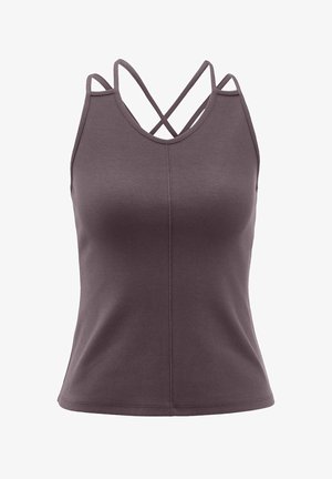 Lila ärmelloses Sportoberteil mit rundem Ausschnitt und dünnen gekreuzten Trägern auf der Rückseite, nahtlose Frontmittennaht.