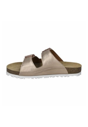 Slide sandal in metallic rose color, featuring two cut-out straps, cork footbed, and white rubber sole with textured bottom for grip.