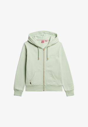 Sudadera con cremallera de color verde claro, hecha de tela suave, que cuenta con dos bolsillos frontales, capucha con cordón y herrajes de cremallera en tono dorado.