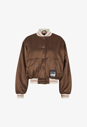 Brown satin bomber jacket with white and pink striped collar, cuffs, button front, side pockets, and a black graphic patch on the front.