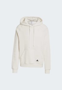 Felpa con cappuccio crema realizzata in morbido tessuto, con tasca frontale, polsini a costine e un piccolo logo Adidas nero sull'orlo.