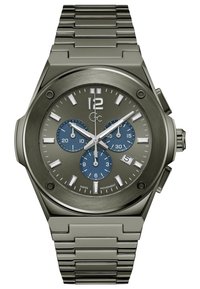 Reloj de tono plateado con un dial redondo gris, subdiales azules, marcadores de hora plateados y una pulsera de eslabones de acero inoxidable. Incluye funciones de cronógrafo.