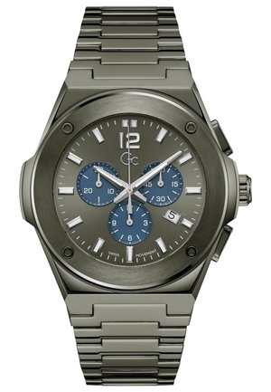 Orologio argento con quadrante rotondo grigio, sottodial blu, indici delle ore argentati e bracciale in acciaio inossidabile. Caratteristiche includono funzioni di cronografo.