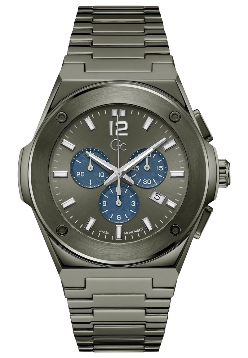 Reloj de tono plateado con un dial redondo gris, subdiales azules, marcadores de hora plateados y una pulsera de eslabones de acero inoxidable. Incluye funciones de cronógrafo.