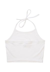 Top court blanc à col licou avec fermeture à nouer au cou et ourlet droit.