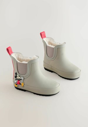 Šedé gumové boty s měkkou bílou podšívkou, elastickými bočními panely, růžovými úchyty a akcentem s kreslenou postavičkou na boku.