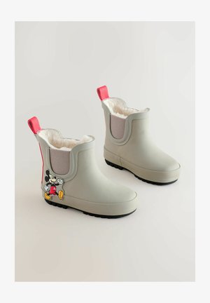 Bottes en caoutchouc grises avec une douce doublure blanche, des panneaux élastiques sur les côtés, des rubans de tirage roses et un accent de personnage de dessin animé sur le côté.