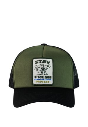 Green and black trucker cap with a patch showing a cartoon fish holding a surfboard and text "STAY FRESH STOKED SESSIONS PROTEST."