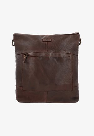 Brun læder crossbody taske med struktureret overflade, en foran lynlåslomme og subtile syninger. Har en justerbar strop.