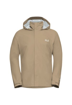 Giacca impermeabile beige con cappuccio, zip frontale, polsini elastici e una leggera fodera interna. Logo posizionato sul petto a sinistra.