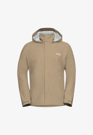 Giacca impermeabile beige con cappuccio, zip frontale, polsini elastici e una leggera fodera interna. Logo posizionato sul petto a sinistra.