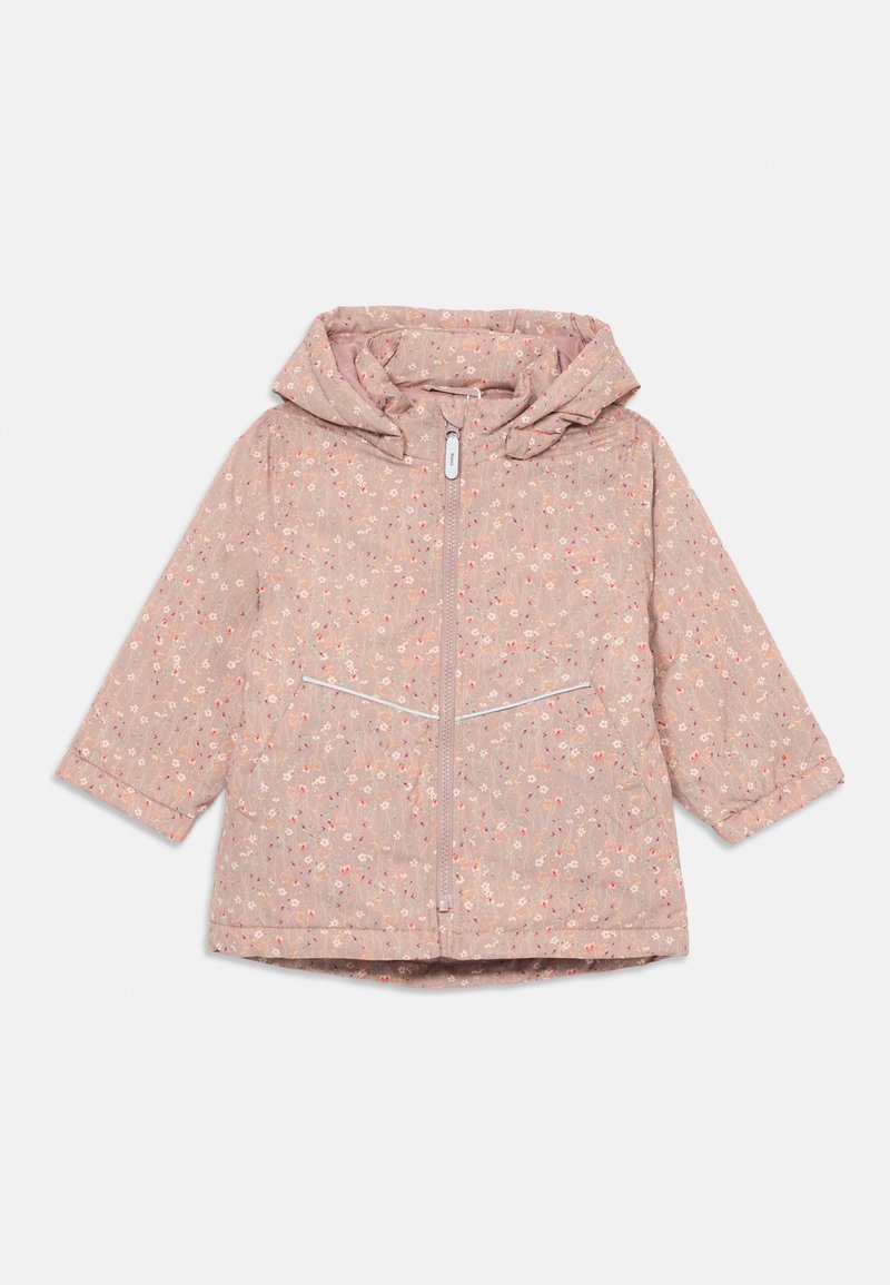 Light pink jacket with a floral pattern, a hood, and a front zipper. Features two white-accented pockets and short sleeves. Soft texture.