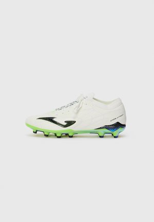 White soccer cleat with a textured upper, black logo, and vibrant green outsole. Features laces and a low-cut design for agility.