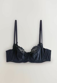 Sutien albastru marin cu detalii din dantelă, susținere cu balene, bretele reglabile și finisaj neted din satin pe cupe și bandă.