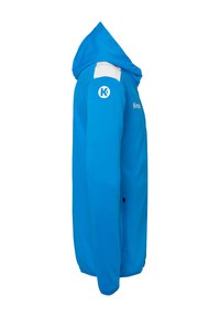 Hooded jacket in bright blue fabric with a smooth texture; features a white accent on the shoulder and a logo on the sleeve.