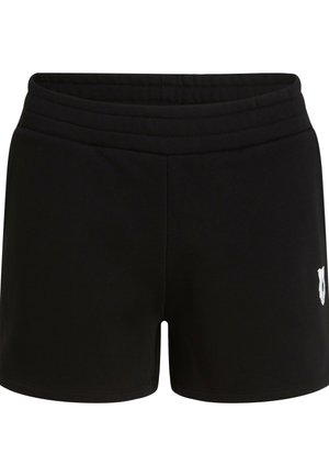 Black athletic shorts with a wide elastic waistband, featuring a small white logo on the lower right. Made of soft, stretchable fabric.