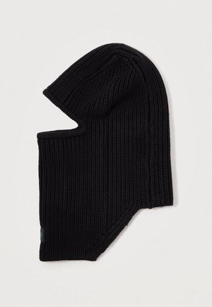 Black knitted balaclava with ribbed texture, full coverage, and face opening. Features a small brand tag on the side.